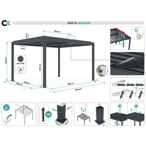 Pergola Bioclimatica Motorizzata Santa 4x3m - Alluminio - Grigio - Lamelle Orientabili In Acciaio - Foto 7