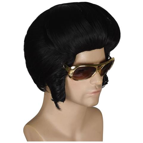 Parrucca Da Uomo Stile Anni '50-'60 Elvis Set Con Occhiali Circonferenza 56 Cm Nera - Foto 1