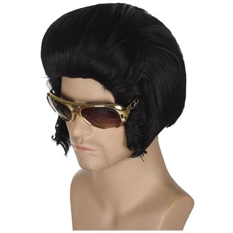 Parrucca Da Uomo Stile Anni '50-'60 Elvis Set Con Occhiali Circonferenza 56 Cm Nera - Foto 6