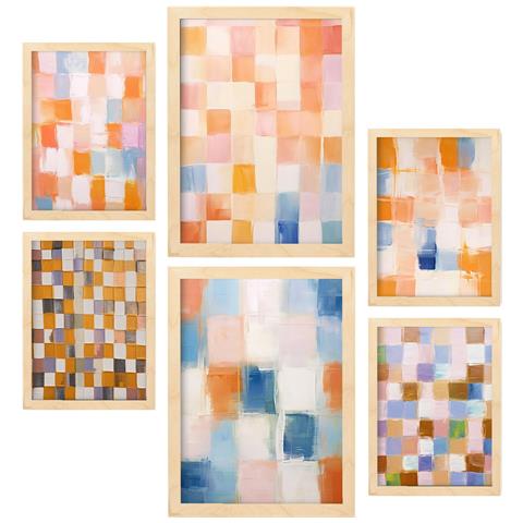 Set Di 6 Stampe Mosaico Arancione E Blu 2 In Dipinti Decorativi Estetici Astratti Per Il Tuo Soggiorno Di Casa A3 & A4 Telaio In Legno Chiaro - Foto 1