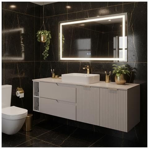 Mobile sottolavabo, Marrone e nero, 140 cm, Con piano d'appoggio, 2 cassetti, MDF, 2 ante, Ripiano integrato, MODERNO - Foto 5
