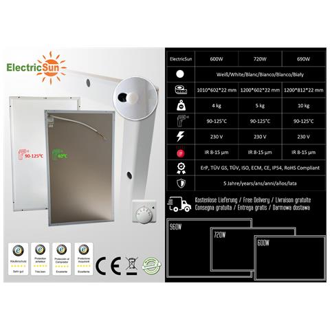 Riscaldatore elettrico infrarossi 960W bianco termosifoni elettrici con termostato, installazione a parete e soffitto - Foto 2