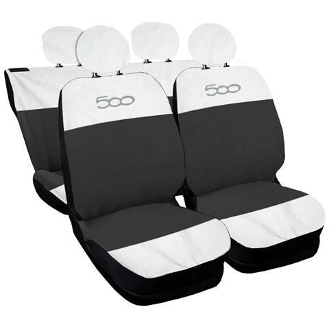 Coprisedili Auto Compatibili Per 500, Made In Italy, Set Di Copri Sedili Anteriori E Posteriori (bicolore Orizz.) Con Copri Poggiatesta Incluso, Tessuto Poliestere, Colore - Bianco \grigio Scuro - Foto 1