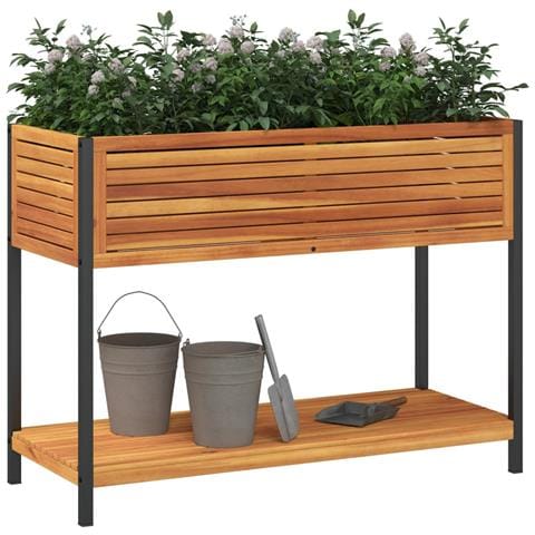 Fioriera Con Ripiano 110x45x80 Cm In Legno Acacia E Acciaio - Foto 3