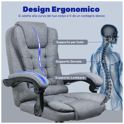 Sedia Da Ufficio Ergonomica - Poltrona Direzionale Con Sedile Largo - Sedia Ufficio Reclinabile Con Braccioli Imbottiti Et Altezza Regolabile - Rotelle Silenziose - Grigio - Foto 5