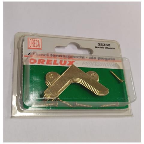 4 Pezzi - Ganci Fermaspecchi Ad Angolo Con Ala Piegata - Per Specchi Da 4mm - In Acciaio Ottonato - Con Chiodi - Foto 1