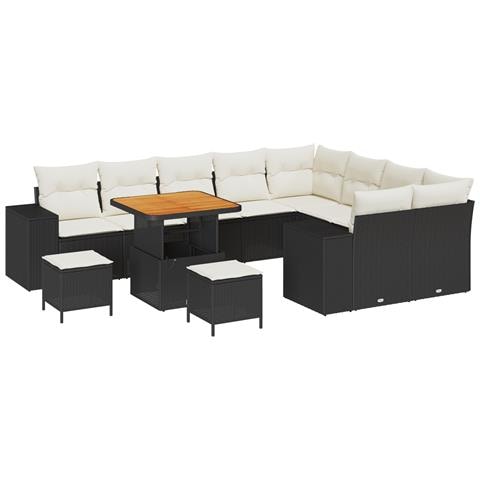Set di Divani da Giardino da 12 pezzi con cuscini Nero Rattan Polimerico Acacia, Set di Pranzo da Giardino da 3 pezzi con cuscini Nero Rattan Polimerico Acacia - Foto 1