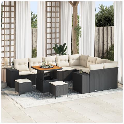 Set di Divani da Giardino da 12 pezzi con cuscini Nero Rattan Polimerico Acacia, Set di Pranzo da Giardino da 3 pezzi con cuscini Nero Rattan Polimerico Acacia - Foto 2