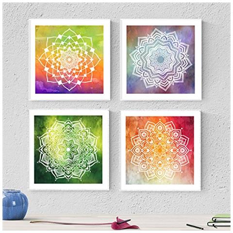 Set Di 4 Stampe Mandala Disegni Con Colori Vivaci Decorazioni Domestiche Di Una Profonda Spiritualità Fai Il Regalo Perfetto Senza Cornice 20x20 Cm - Foto 1