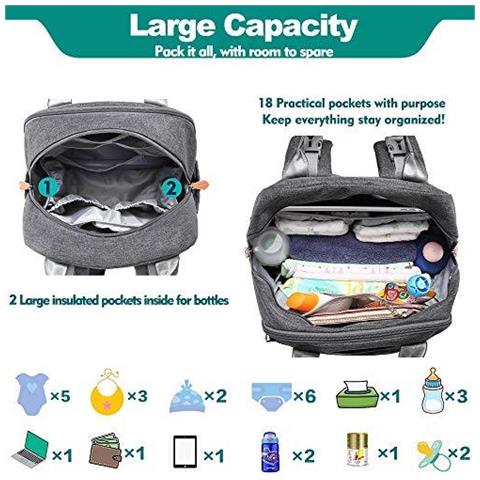 Fasciatoio Zaino Borsa Babbleroo Fasciatoio Back Pack Diaper Bags Con Fasciatoio E Ciuccio Supporto Per Mamma E Pap (grigio Scuro) - Foto 4