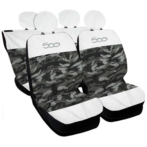Coprisedili Auto Compatibili Per 500, Made In Italy, Set Di Copri Sedili Anteriori E Posteriori (bicolore Orizz.) Con Copri Poggiatesta Incluso, Tessuto Poliestere, Colore - Bianco \mimetico Chiaro - Foto 1
