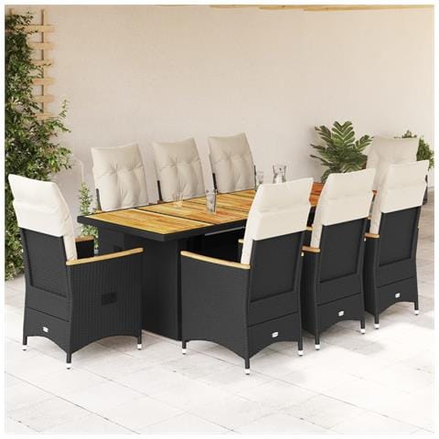 Set Bistrò Da Giardino 9 Pz Con Cuscini In Polyrattan Nero - Foto 1