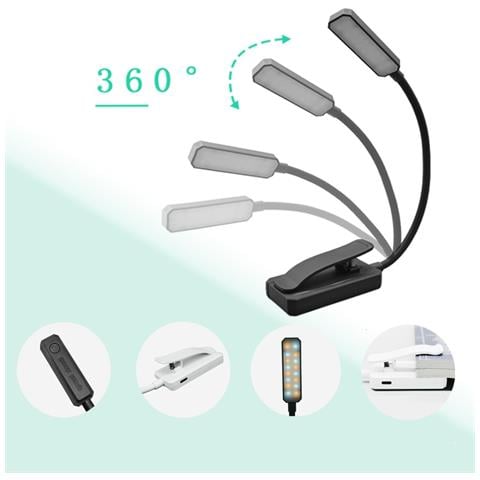 Lampada Da Lettura Con Morsetto Per Libri - 16 Led Black - Foto 2
