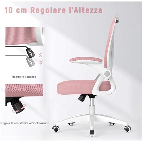 Sedia Da Ufficio Con Supporto Lombare, Sedia Ufficio Ergonomica Con Braccioli Regolabili In Rete Traspirante, Poltrona Da Ufficio Altezza Regolabile E Schienale Inclinabile, Rose - Foto 7