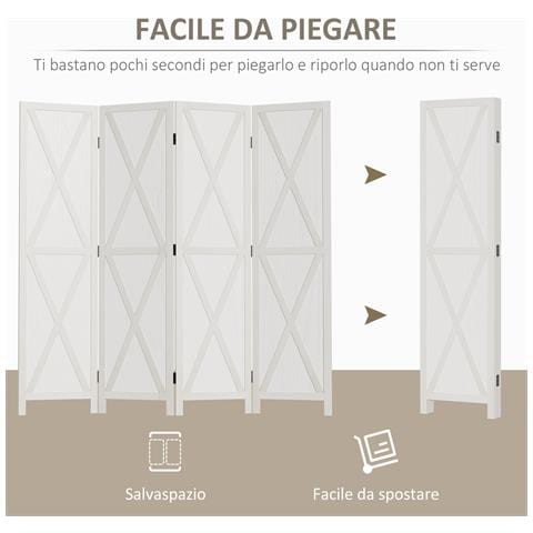 Paravento a 4 Ante per Interni, Divisorio in Legno per Camera e Ufficio, 182x170 cm, Bianco - Foto 2
