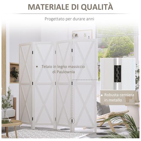 Paravento a 4 Ante per Interni, Divisorio in Legno per Camera e Ufficio, 182x170 cm, Bianco - Foto 6