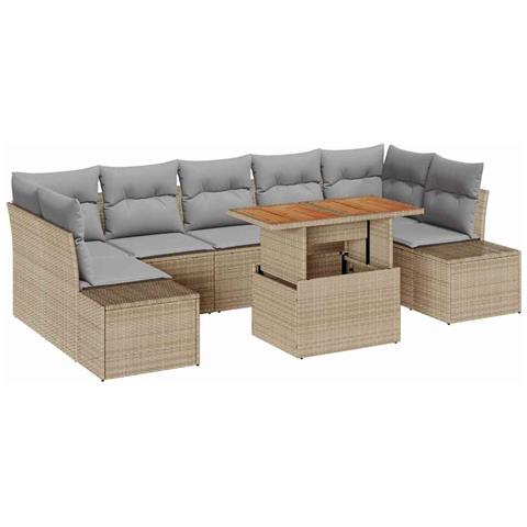 Set da Pranzo da Giardino a 8 Pezzi con Cuscini Beige in Polyrattan e Acacia - Foto 1