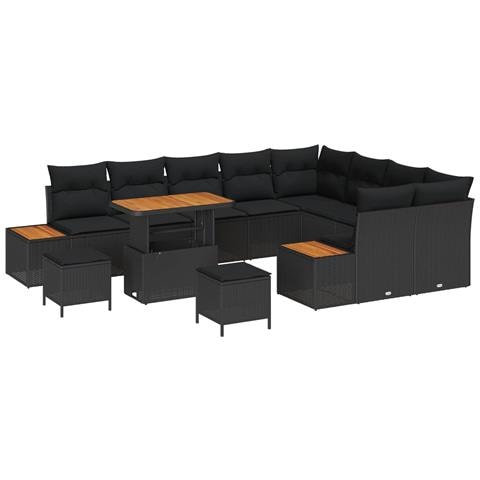 Set di Divani da Giardino da 12 pezzi con Cuscini Polirattan Nero Acacia, Set da Pranzo da Giardino da 3 pezzi con Cuscini Polirattan Nero Acacia - Foto 1