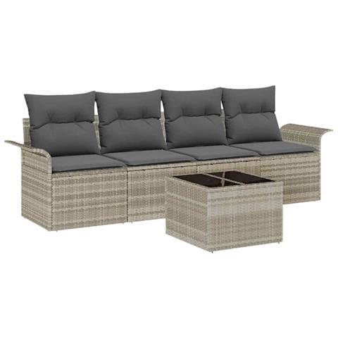 Set divano da giardino  a 5 pezzi con cuscini Grigio chiaro Rattan sintetico, Divano da giardino a 2 posti  con storage e cuscini Grigio chiaro Rattan sintetico - Foto 1