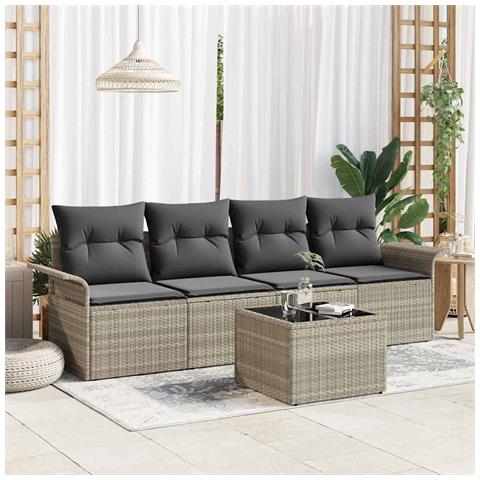 Set divano da giardino  a 5 pezzi con cuscini Grigio chiaro Rattan sintetico, Divano da giardino a 2 posti  con storage e cuscini Grigio chiaro Rattan sintetico - Foto 2