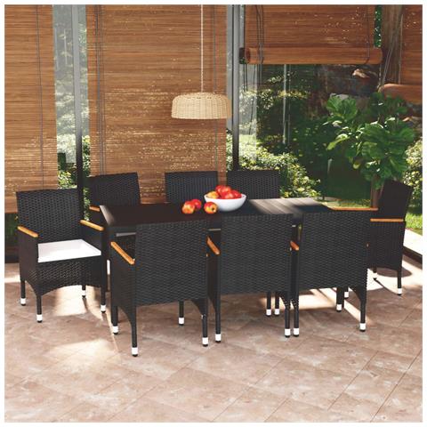 Set Pranzo da Giardino 9 pz con Cuscini in Polyrattan Nero - Foto 2