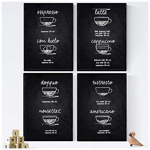 Set Di 4 Stampe Set Lenzuola Per Caffè. Poster Di Tipi Di Caffè. Dettaglio Caffè 1 Cornice Nera A4 - Foto 1