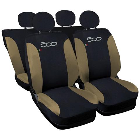 Coprisedili Auto Compatibili Per 500, Made In Italy, Set Di Copri Sedili Anteriori E Posteriori (bicolore) Con Copri Poggiatesta Incluso, Tessuto Poliestere, Colore - Nero \beige - Foto 1