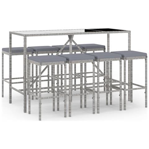 Set Bar Da Giardino 9 Pz Con Cuscini In Polyrattan Grigio - Foto 1