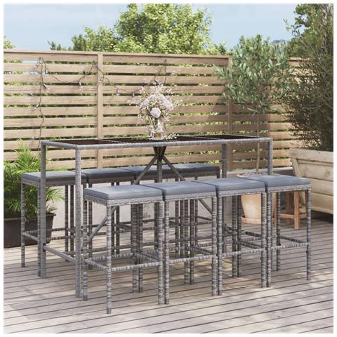 Set Bar Da Giardino 9 Pz Con Cuscini In Polyrattan Grigio - Foto 8