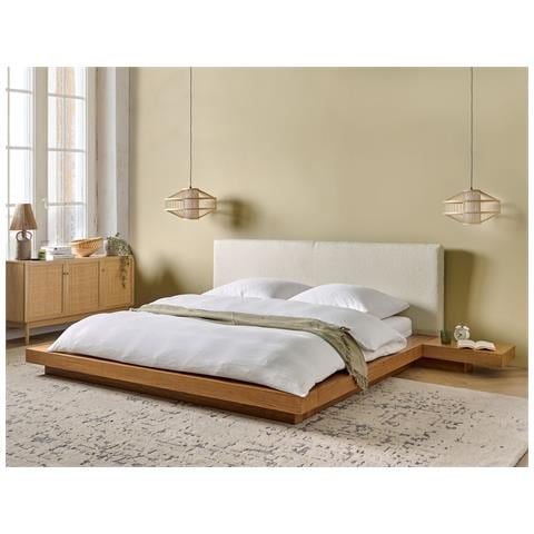 Letto Ad Acqua Matrimoniale Legno Chiaro Con Testata In Bouclé 180 X 200 Cm Zen - Foto 1
