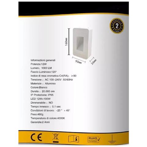 Applique Led Luce Naturale Faretto 12 W Segnapassi A Muro Esterno Bianco Es62 - Foto 7