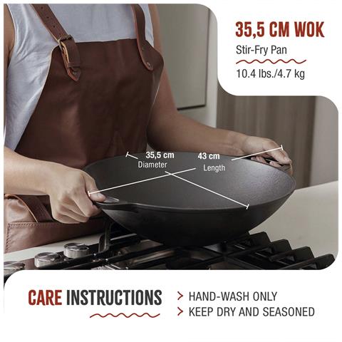 37291 Wok In Ghisa Stagionata Induzione Da 35,5 Cm Per Fuoco, Barbecue, Forno Nero - Foto 2