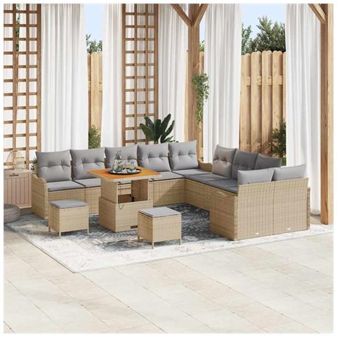 Set di Divani da Giardino  da 13 Pezzi con Cuscini Beige in Rattan Sintetico Acacia, Divano da Giardino da 2 Posti  con Cuscini Beige in Rattan Sintetico, Set di Pranzo da Giardino  da 3 Pezzi con Cuscini Beige in Rattan Sintetico Acacia - Foto 2