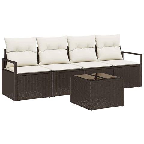 Set Divano da Giardino  a 5 Pezzi con Cuscini Marrone Polyrattan, Divano da Giardino  a 2 posti con Cuscini Marrone Polyrattan - Foto 1