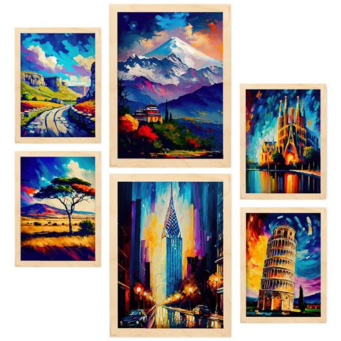 Set Di 6 Stampe Eredità In Stile Dipinto A Olio. Illustrazioni Di Monumenti E Città In Stile Fotografico A Colori. A3 & A4 Telaio In Legno Chiaro - Foto 1