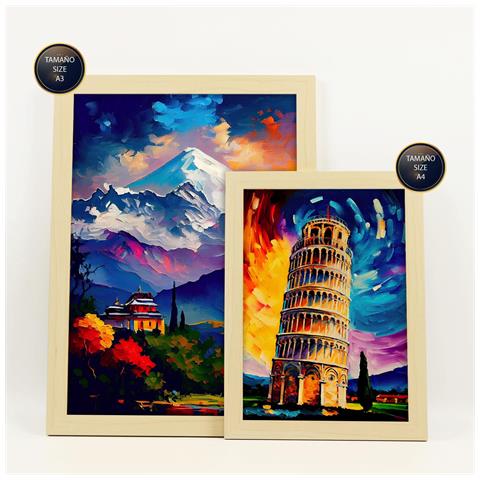 Set Di 6 Stampe Eredità In Stile Dipinto A Olio. Illustrazioni Di Monumenti E Città In Stile Fotografico A Colori. A3 & A4 Telaio In Legno Chiaro - Foto 2