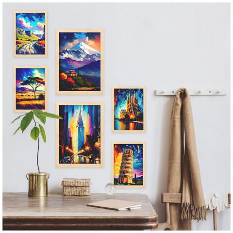 Set Di 6 Stampe Eredità In Stile Dipinto A Olio. Illustrazioni Di Monumenti E Città In Stile Fotografico A Colori. A3 & A4 Telaio In Legno Chiaro - Foto 5