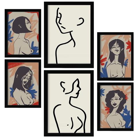 Set Di 6 Stampe Corpo Corpo In Dipinti Decorativi Estetici Astratti Femminili Per Il Tuo Soggiorno Di Casa A3 & A4 Cornice Nera - Foto 1