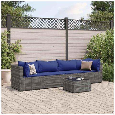 Set Divani da Giardino 5 pz con Cuscini in Polyrattan Grigio - Foto 2