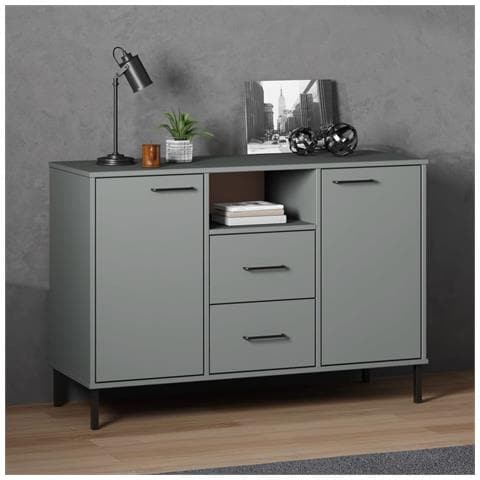 Credenza Gambe Metallo Grigio 113x40x77 Cm Legno Massello Oslo - Foto 6