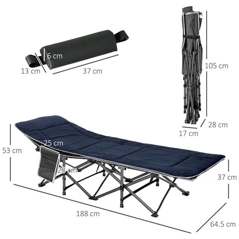 Lettino Pieghevole Da Campeggio Per Adulti Con Cuscino E Borsa Trasporto, 188x64.5x53cm - Blu - Foto 6