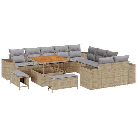 Set di Divani da Giardino da 13 Pezzi con Cuscini Beige Polirattan Acacia, Set da Pranzo Giardino vitaXL da 3 Pezzi con Cuscini Beige Polirattan Acacia - Foto 1