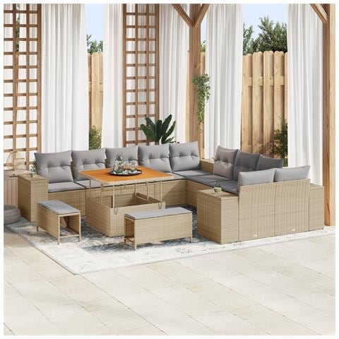 Set di Divani da Giardino da 13 Pezzi con Cuscini Beige Polirattan Acacia, Set da Pranzo Giardino vitaXL da 3 Pezzi con Cuscini Beige Polirattan Acacia - Foto 2