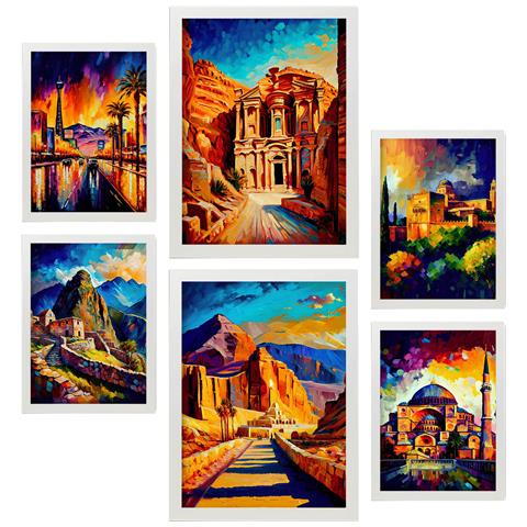 Set Di 6 Stampe Terra Dipinta A Olio. Illustrazioni Di Monumenti E Città In Stile Fotografico A Colori. A3 & A4 Cornice Bianca - Foto 1