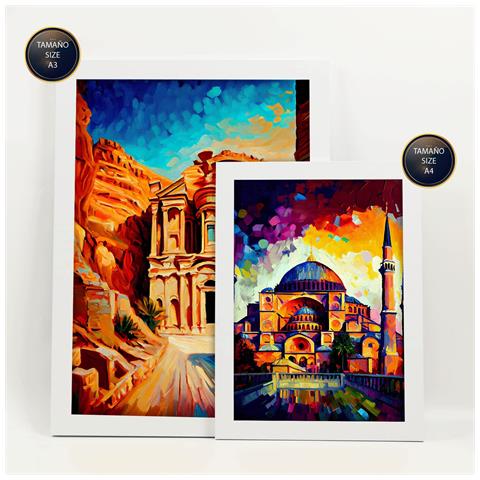 Set Di 6 Stampe Terra Dipinta A Olio. Illustrazioni Di Monumenti E Città In Stile Fotografico A Colori. A3 & A4 Cornice Bianca - Foto 2
