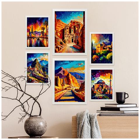 Set Di 6 Stampe Terra Dipinta A Olio. Illustrazioni Di Monumenti E Città In Stile Fotografico A Colori. A3 & A4 Cornice Bianca - Foto 5