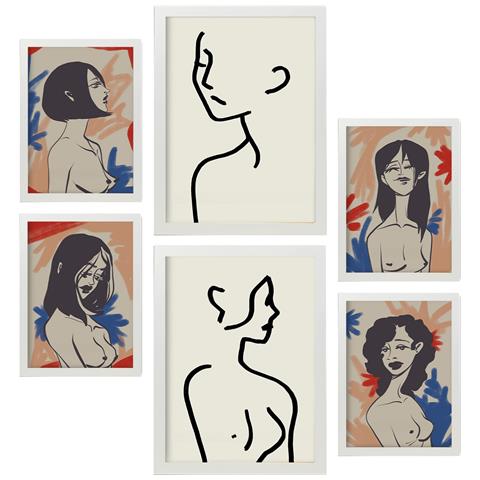 Set Di 6 Stampe Corpo Corpo In Dipinti Decorativi Estetici Astratti Femminili Per Il Tuo Soggiorno Di Casa A3 & A4 Cornice Bianca - Foto 1
