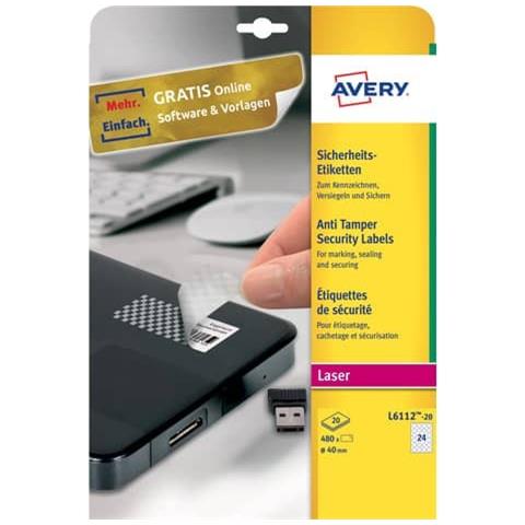 Etichette Antimanomissione Ø40 Mm Bianco Laser 24 Et. / foglio Conf. 20 Fogli - L6112-20 - Foto 1