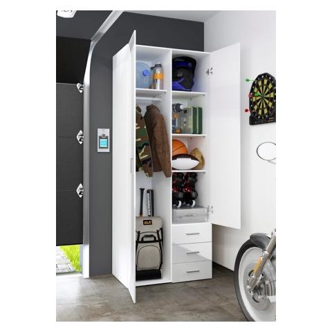 Guardaroba, A Due Ante E Tre Cassetti, Colore Bianco Lucido, Cm 77.6 X 200.4 X 49.5 - Foto 8