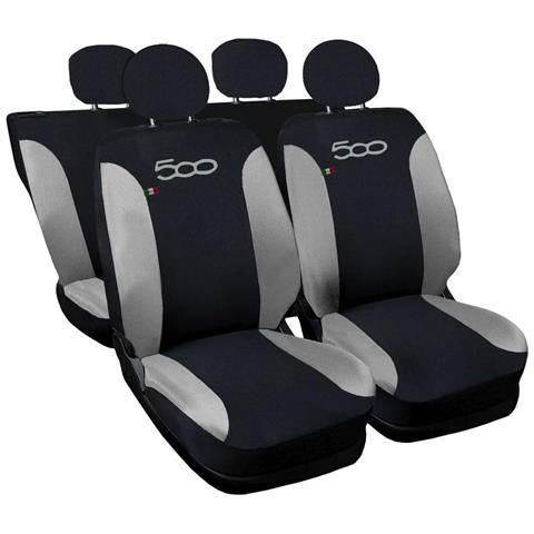 Coprisedili Auto Compatibili Per 500, Made In Italy, Set Di Copri Sedili Anteriori E Posteriori (bicolore) Con Copri Poggiatesta Incluso, Tessuto Poliestere, Colore - Nero \grigio Chiaro - Foto 1